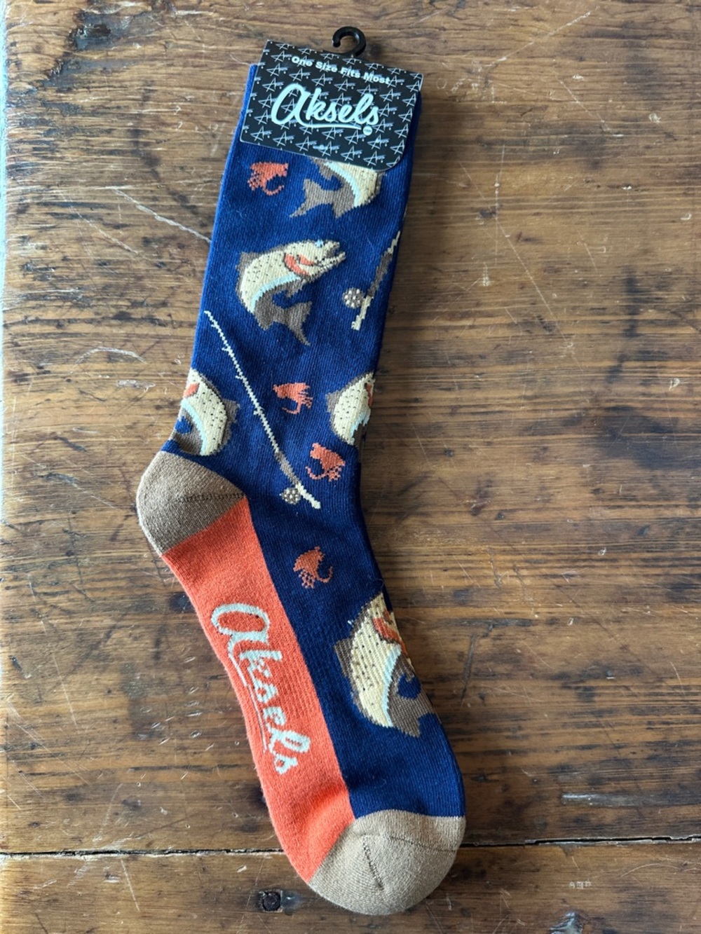 Aksels Navy Fly Fishing Pattern Crew Socks with Orange Accent
